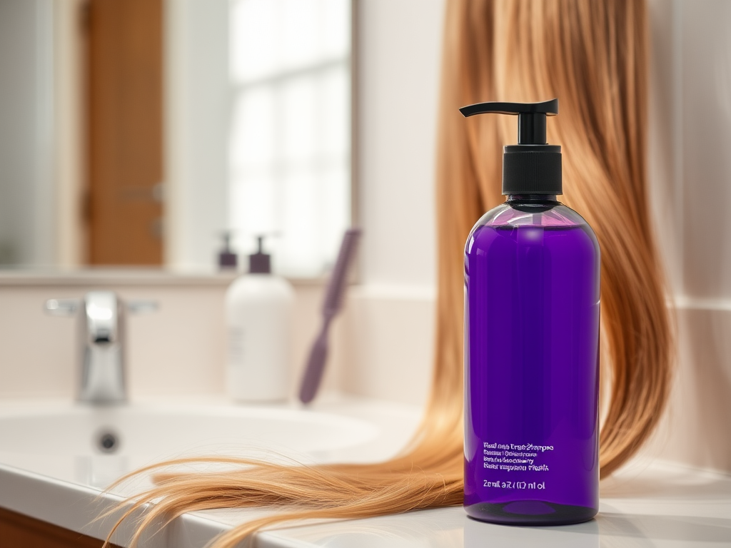 A purple bottle of shampoo with a pump sits on a bathroom countertop, next to a long strand of hair.