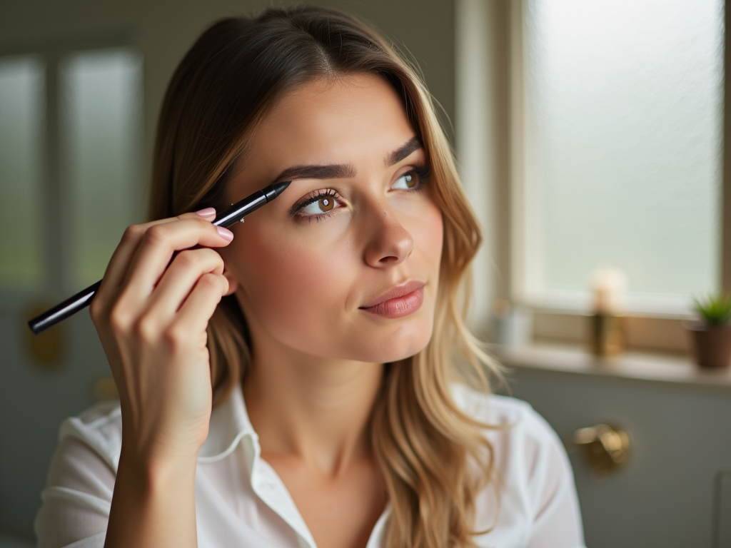 Young woman applying eyeliner in a well-lit room, looking away thoughtfully.