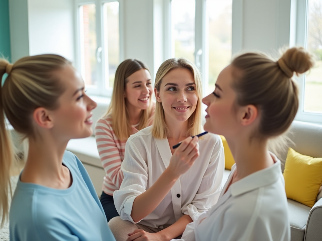 Four women chatting and smiling indoors, with one applying makeup to another. Bright, modern room setting.