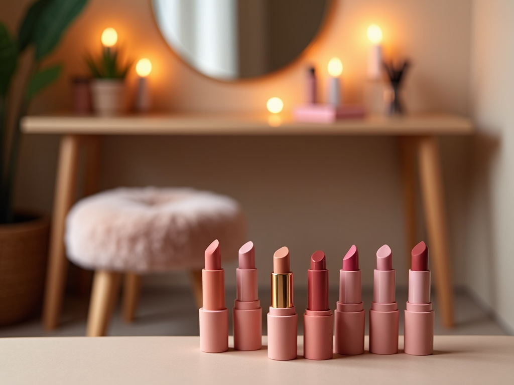 Assortment of lipsticks in various shades on a table with a mirrored vanity in the background.