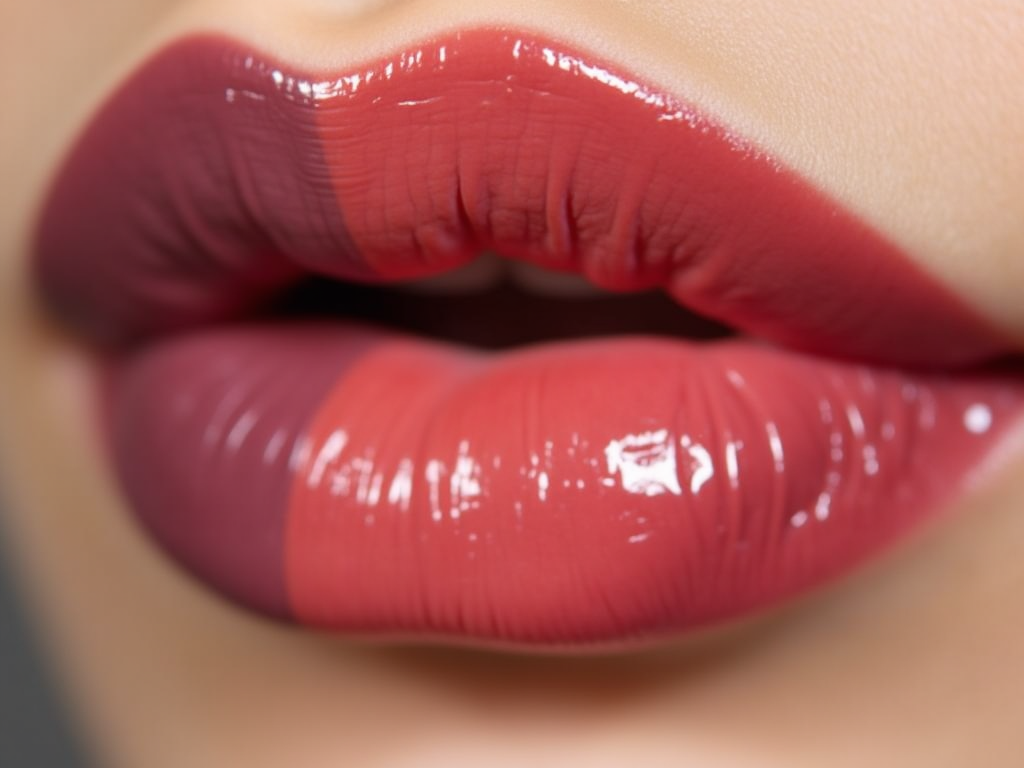 Close-up of glossy red lips slightly parted.