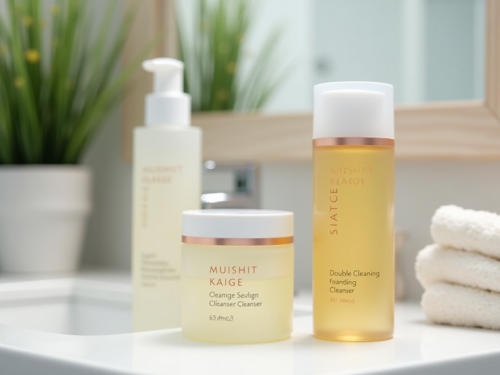 Three skincare products on a bathroom counter with a reflection and green plant in the background.