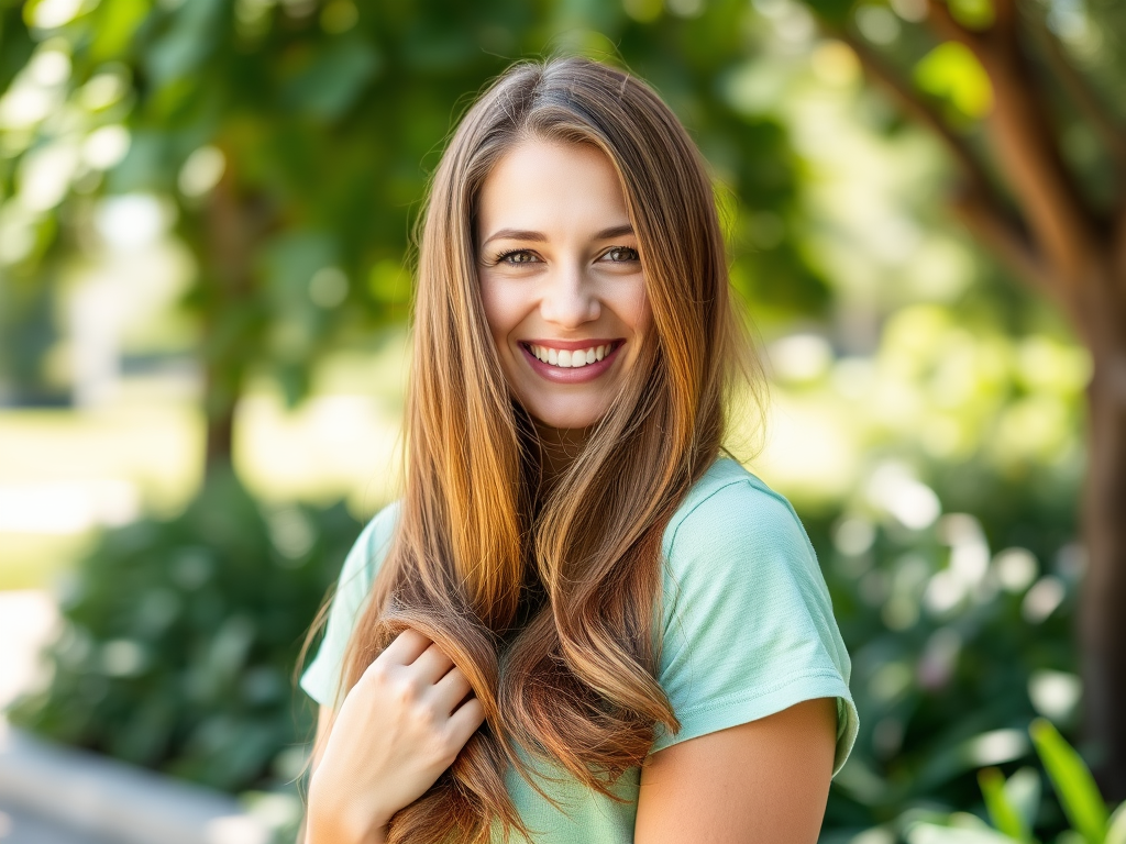 A woman with long hair smiles warmly, dressed in a light green shirt, surrounded by greenery.