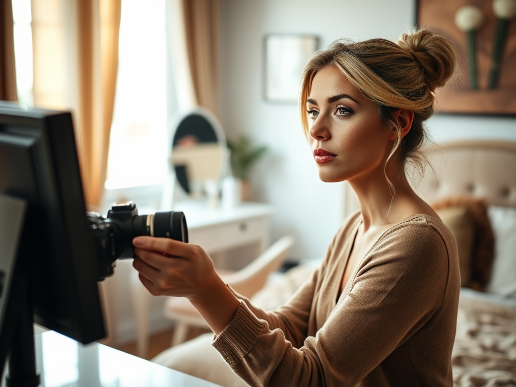 A woman in a cozy room is focused on her camera, preparing for a photography session.