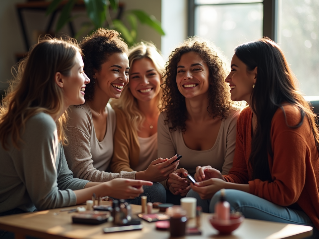 Five women sharing a joyful moment while applying makeup in a cozy room.