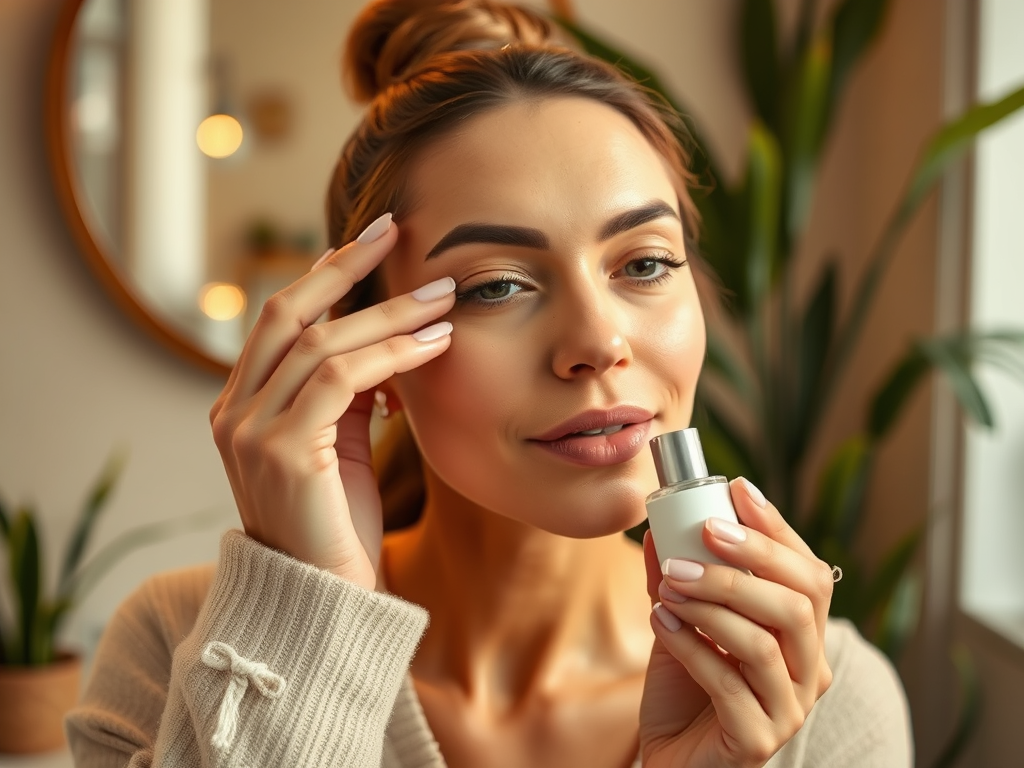 A woman with a light sweater gently touches her face while holding a skincare product, surrounded by greenery.