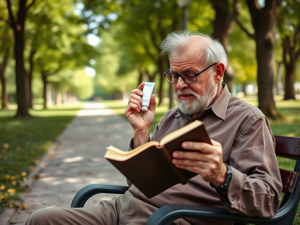 An elderly man with glasses sits on a bench, reading a book and holding a small device, surrounded by trees.