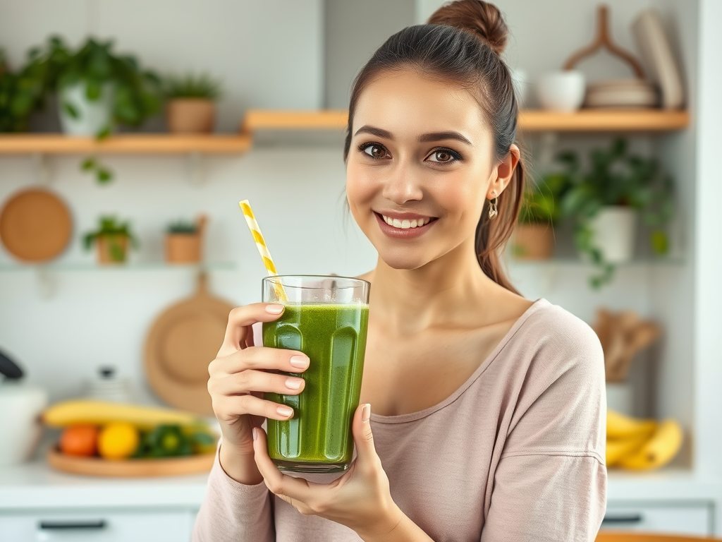 A smiling woman holds a glass of green smoothie with a striped straw in a bright kitchen filled with plants.