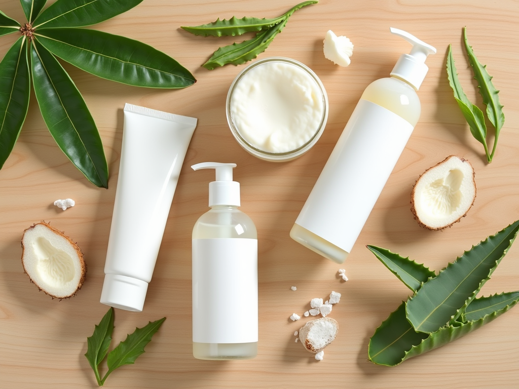 Natural skincare products with green leaves, aloe vera, coconut, and cream on a wooden surface.