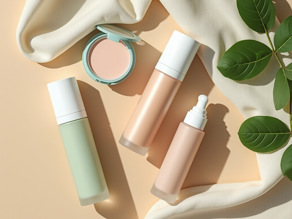 Cosmetic products with green leaves on a draped fabric, bathed in soft sunlight.