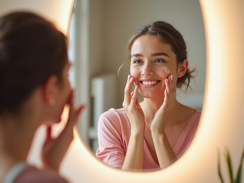 Woman smiling while applying facial cream, looking at herself in a lit mirror.