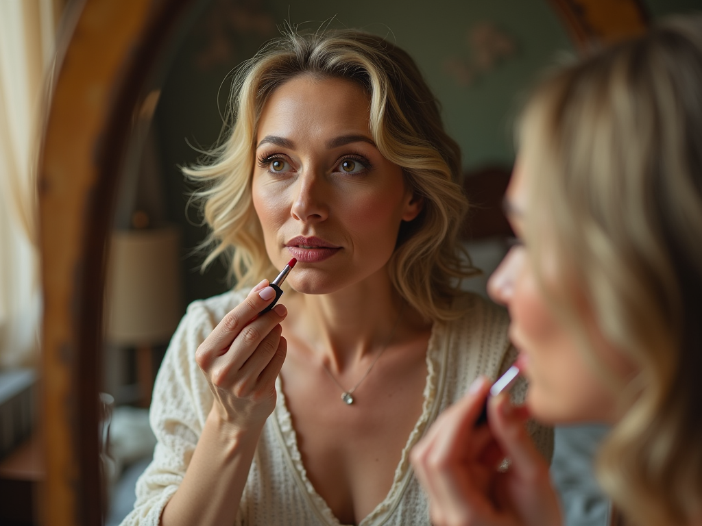 Woman applying lipstick while looking at her reflection in a mirror.