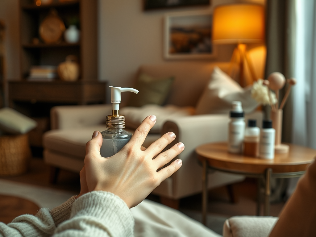 A person holds a pump bottle in a cozy living room with soft lighting and a comfortable sofa in the background.