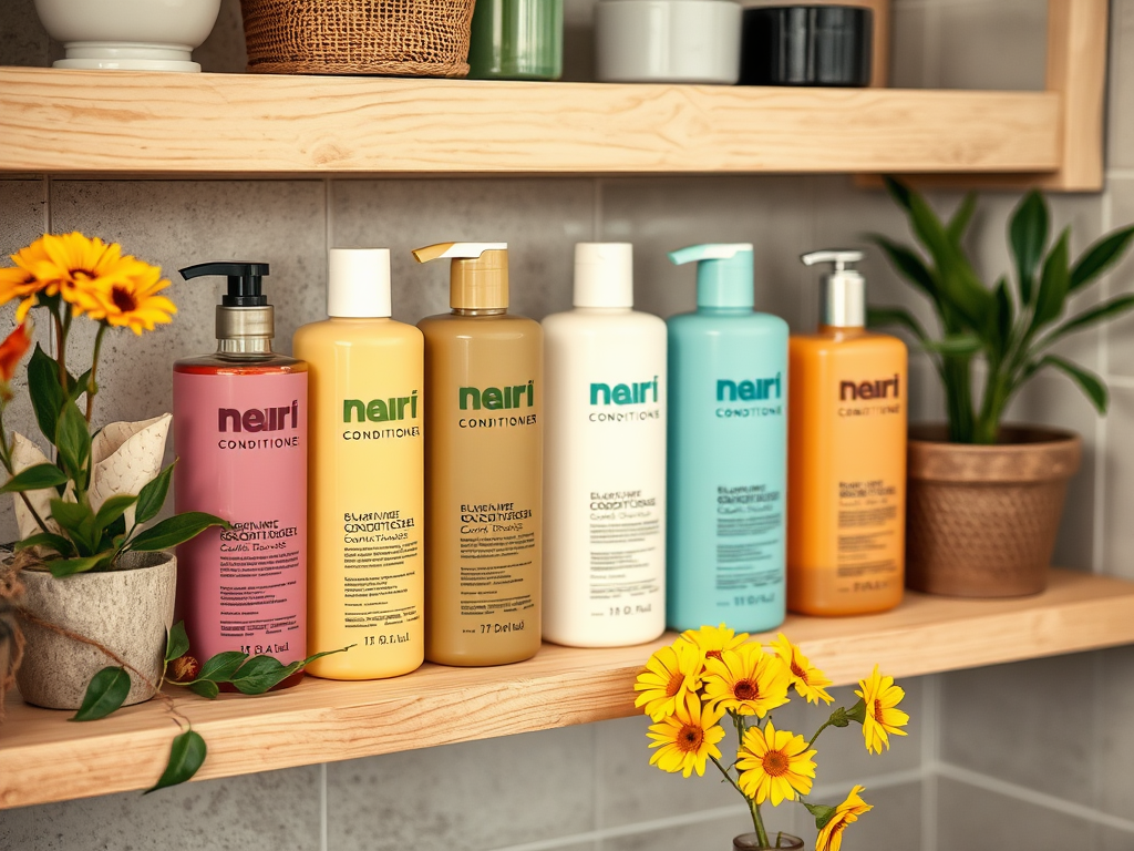 A shelf displaying six bottles of Nairi conditioner in various colors, with potted plants and flowers beside them.