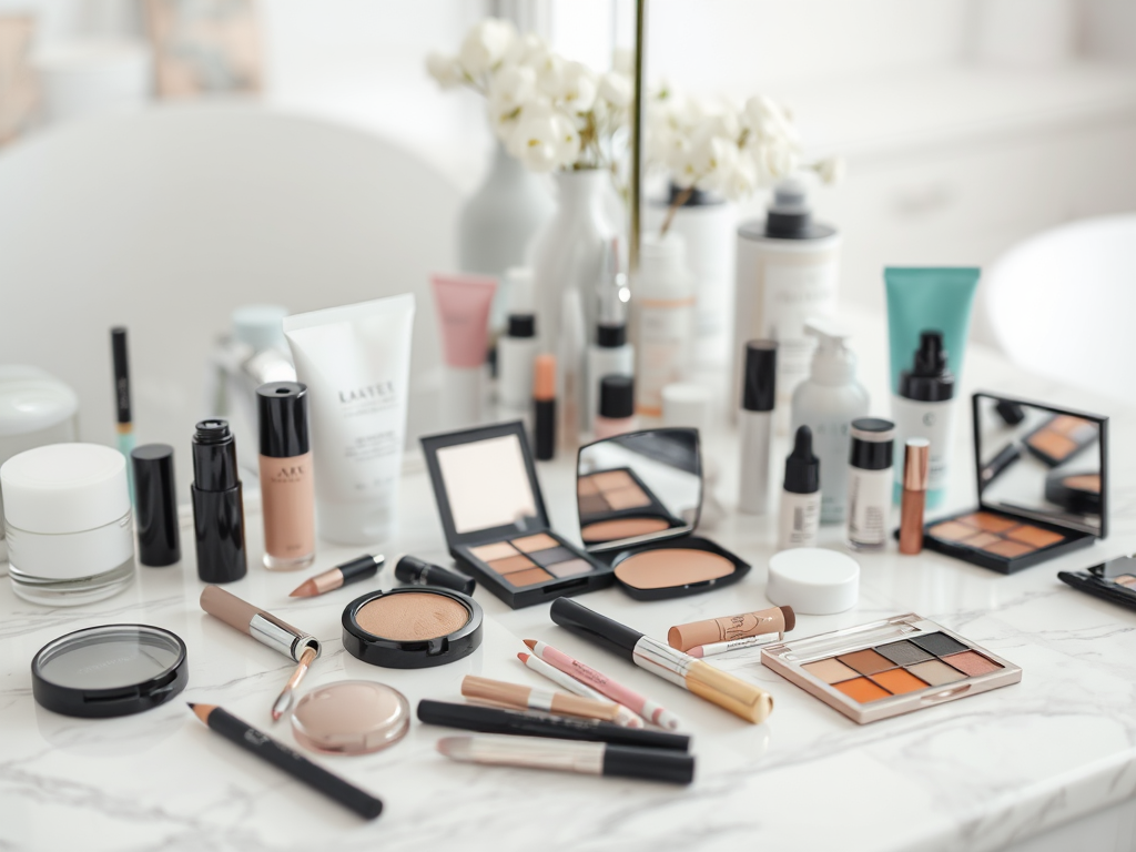 A collection of various makeup and skincare products displayed on a marble countertop.