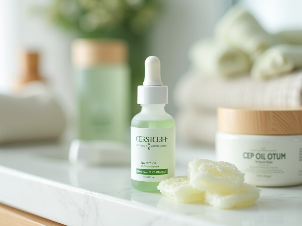 Serum bottle and skincare products on a marble surface with soft focus background.