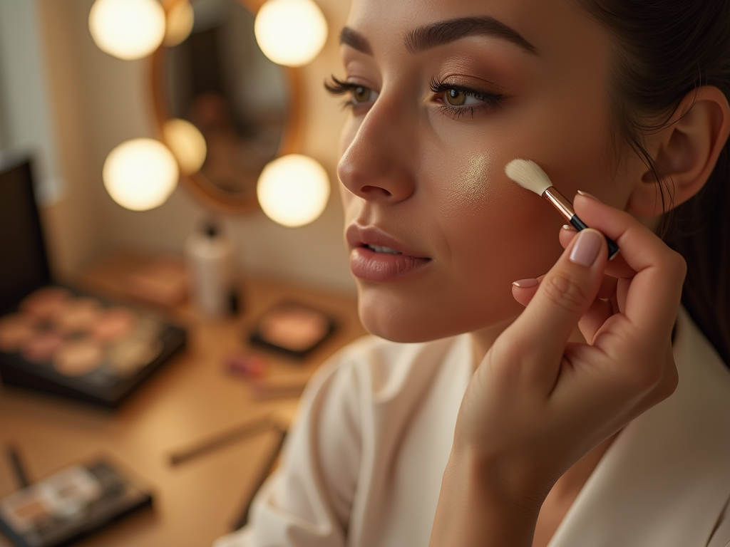 Woman applying highlighter on cheek in front of a mirror with warm lights.