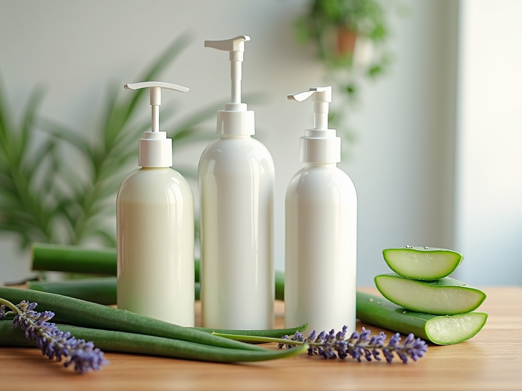 Three white pump bottles with aloe vera slices and lavender on a wooden table.