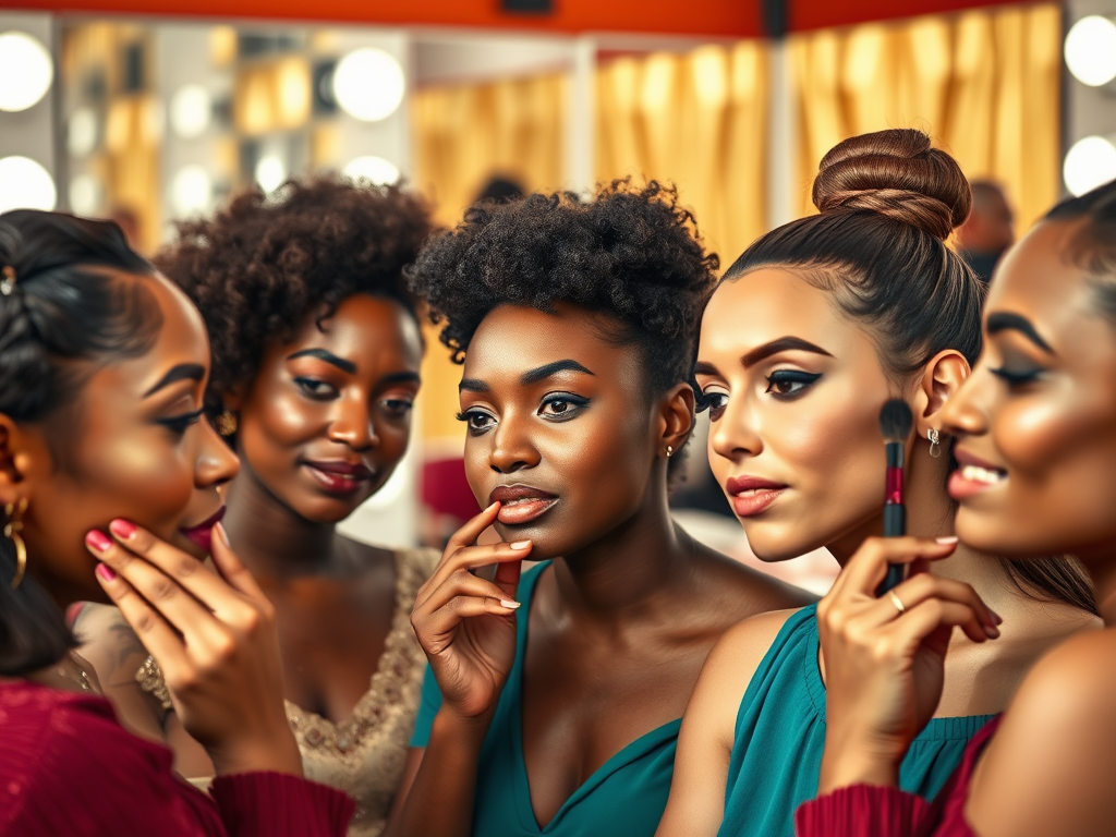 A group of four women, engaged in a beauty discussion, showcasing diverse hairstyles and makeup styles.