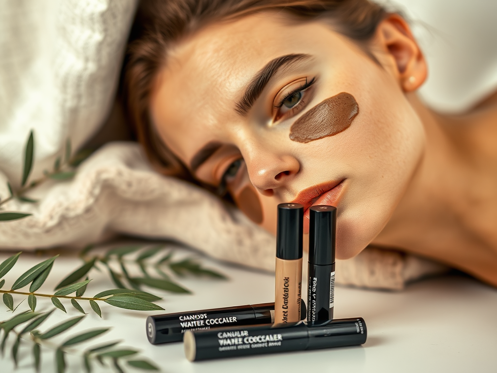 A woman with a brown facial mask lies on a soft surface, with makeup products displayed in front of her.