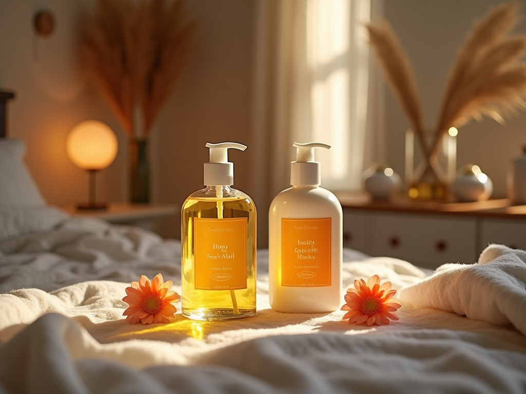 Two bottles of skincare products on a bed with warm lighting, accompanied by orange flowers.