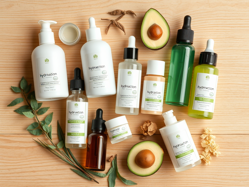 A collection of various skincare products arranged artistically on a wooden surface, alongside an avocado.