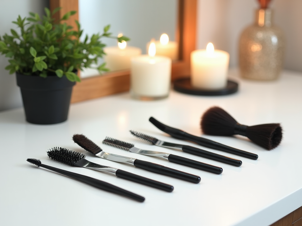 Variety of makeup brushes on a white counter, with lit candles and a plant in the background.