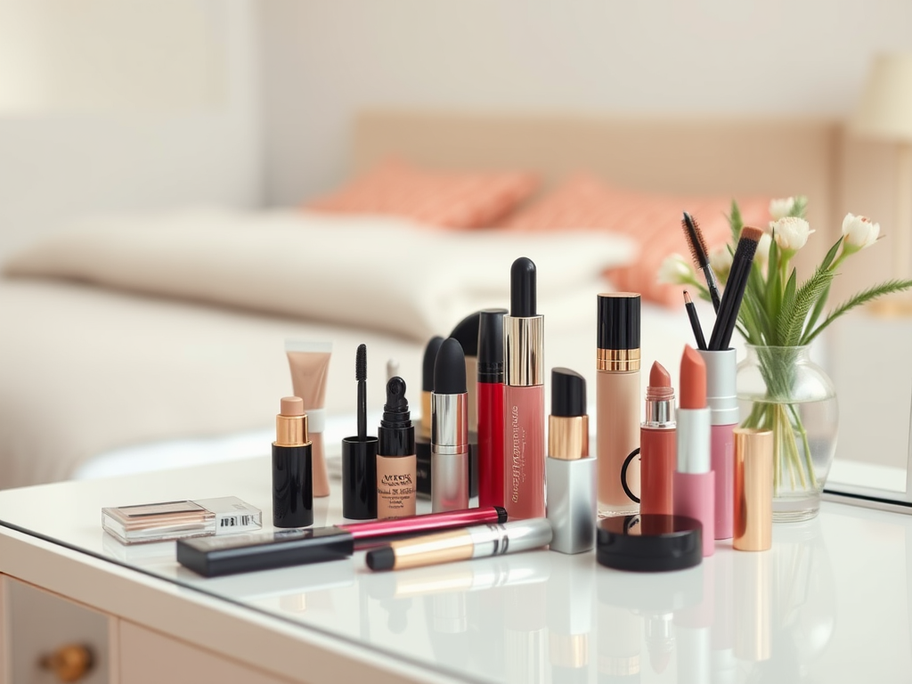 A variety of makeup products displayed on a bathroom countertop, with a blurred background of a cozy bedroom.