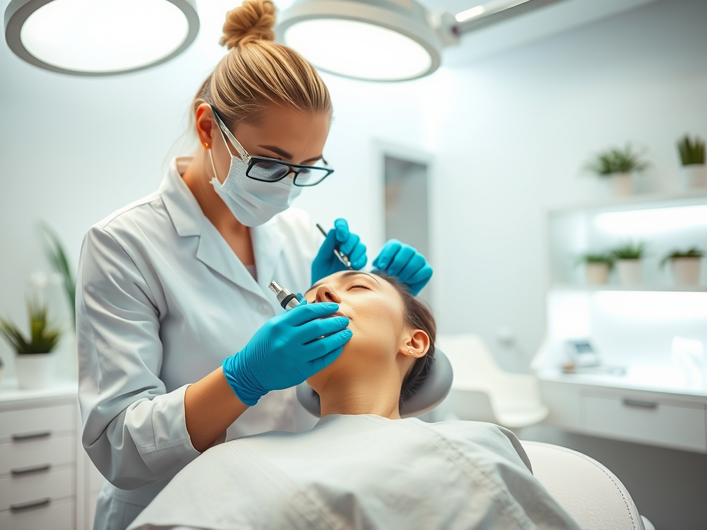 A dental professional wearing gloves and a mask performs a procedure on a patient in a modern clinic setting.