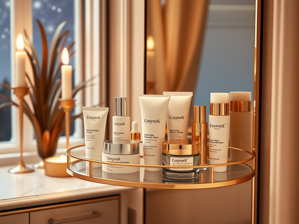 A stylish display of skincare products on a circular mirror tray beside lit candles in a cozy setting.