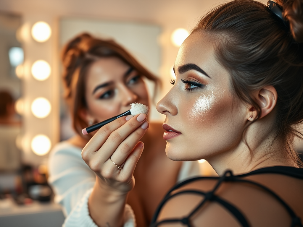 A makeup artist applies product to a client's face in a bright and stylish makeup studio. Mirrors and lights are visible.