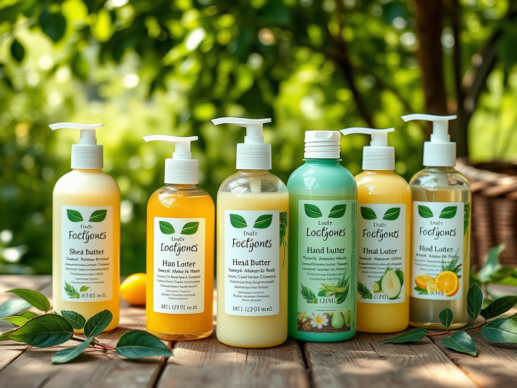 A collection of six skincare bottles labeled Shea Butter, Hand Butter, and more, displayed against a green background.