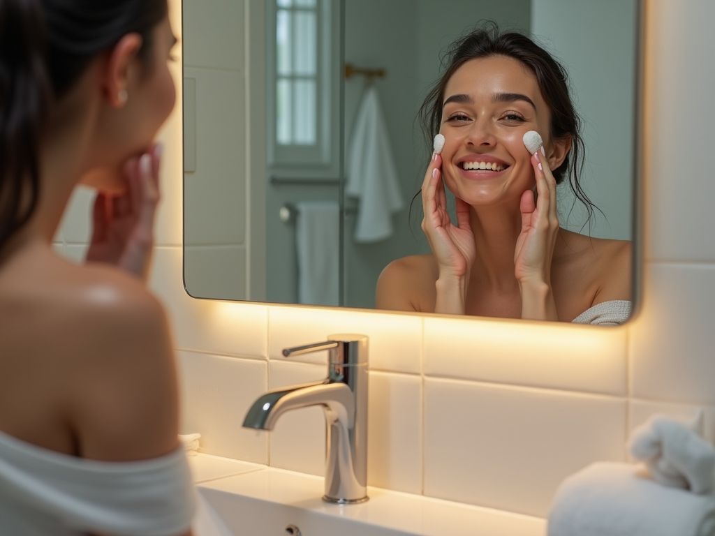 Happy woman applying skincare pads on cheeks, looking in bathroom mirror.