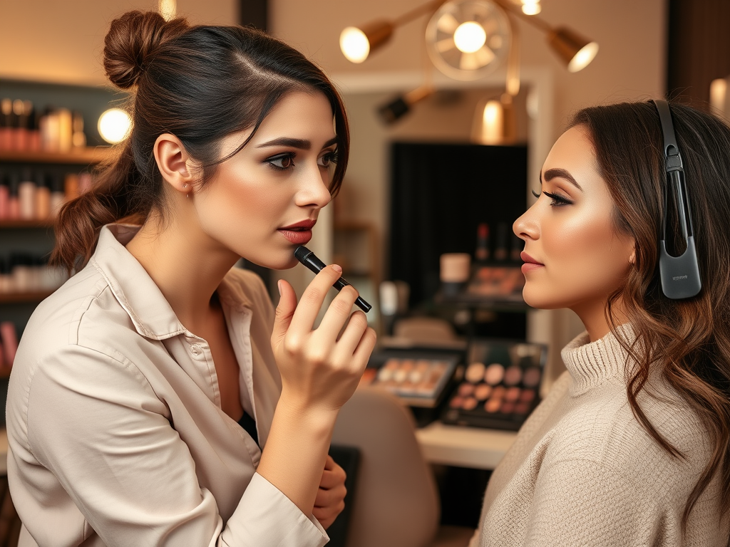 A makeup artist applies lipstick to a client in a beautifully lit salon setting, surrounded by makeup products.