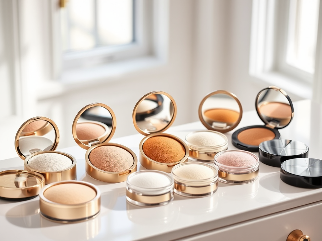 A collection of various compacts of face powder with reflective lids, displayed on a white surface by a window.