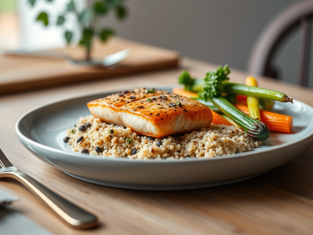 A plate of grilled salmon on couscous, accompanied by colorful sautéed vegetables.