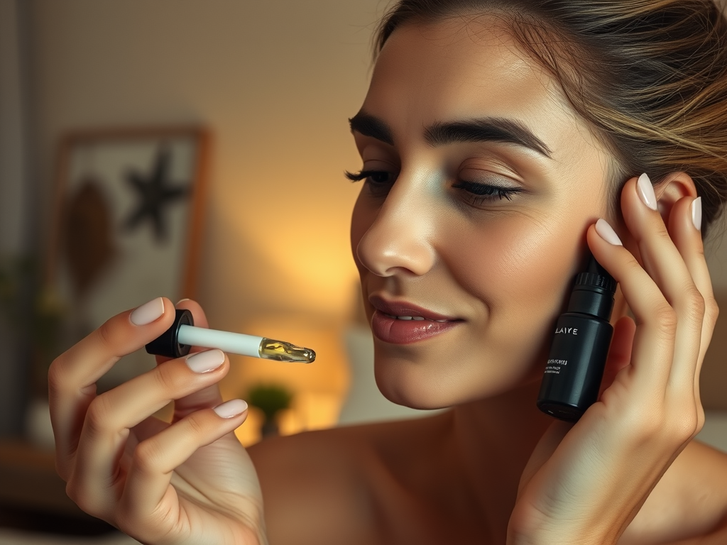 A woman gently holds a dropper and a small bottle of serum, looking thoughtfully at the products in a cozy setting.