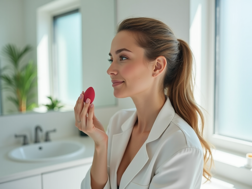 Woman in white robe holding a makeup sponge in a bright bathroom.