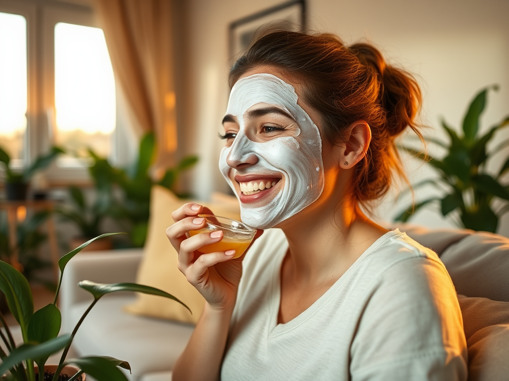 A smiling woman with a face mask holds a bowl, surrounded by plants and soft evening light.