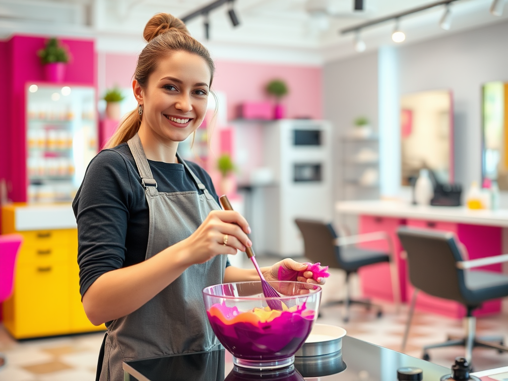 A smiling woman in an apron stirs colorful ingredients in a bowl, set against a vibrant salon backdrop.