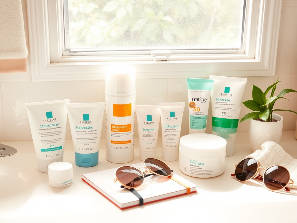 A collection of skincare products on a bathroom counter, with sunglasses and a notebook beside a small potted plant.