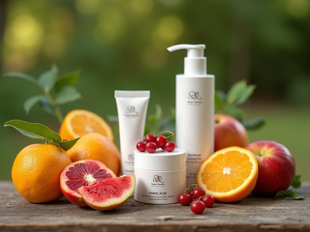 Skincare products amid fresh oranges, apples, and berries on a wooden surface.