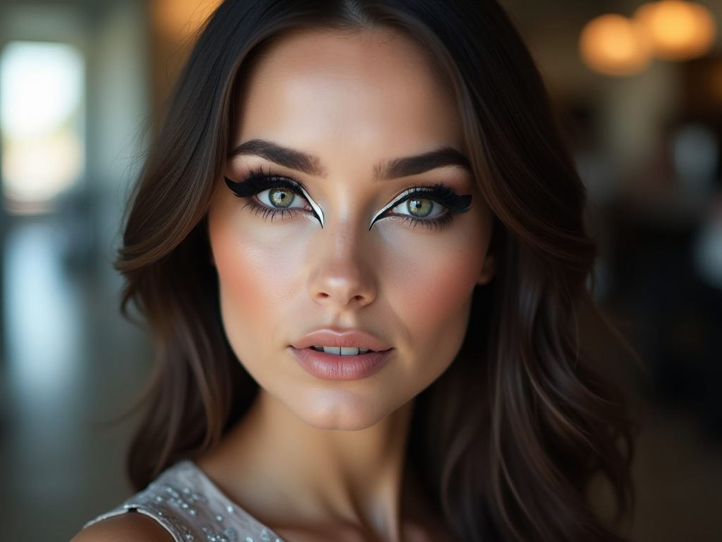 Close-up portrait of a woman with dramatic eye makeup and flowing brown hair.