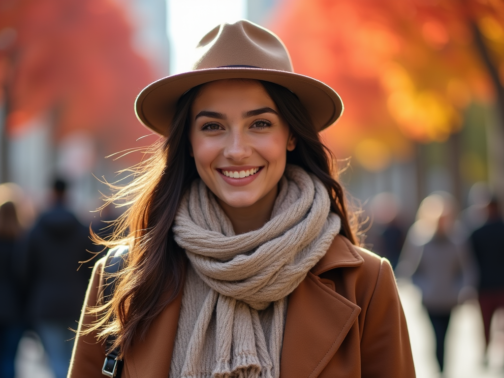 Smiling woman in a hat and scarf with autumn leaves in the background.