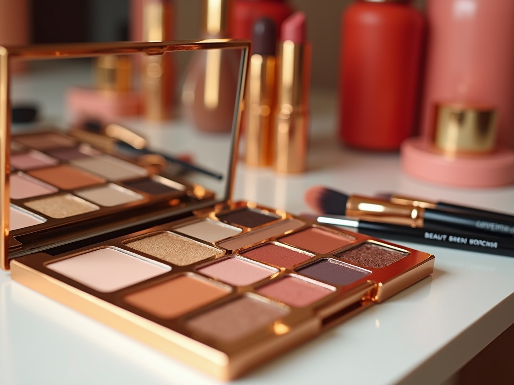 Close-up of an open eyeshadow palette with various shades, next to makeup brushes on a vanity.